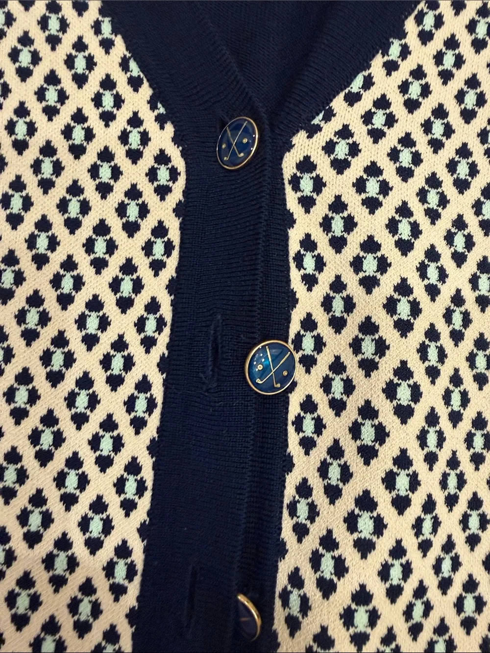 Tory Burch Navy and Cream Patterned V-Neck Cardigan, golf club buttons